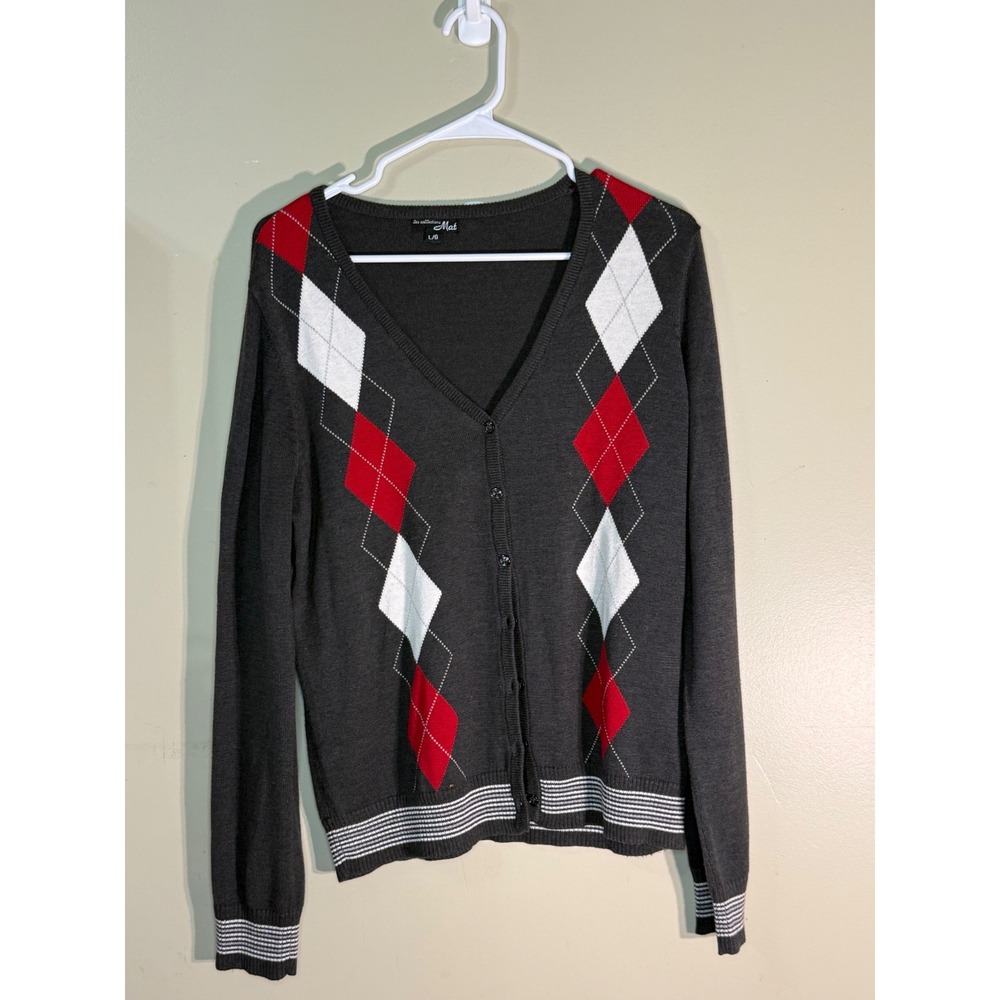 Les Collections Mat Argyle Cardigan Gray Red White V-Neck Button Front Sweater L